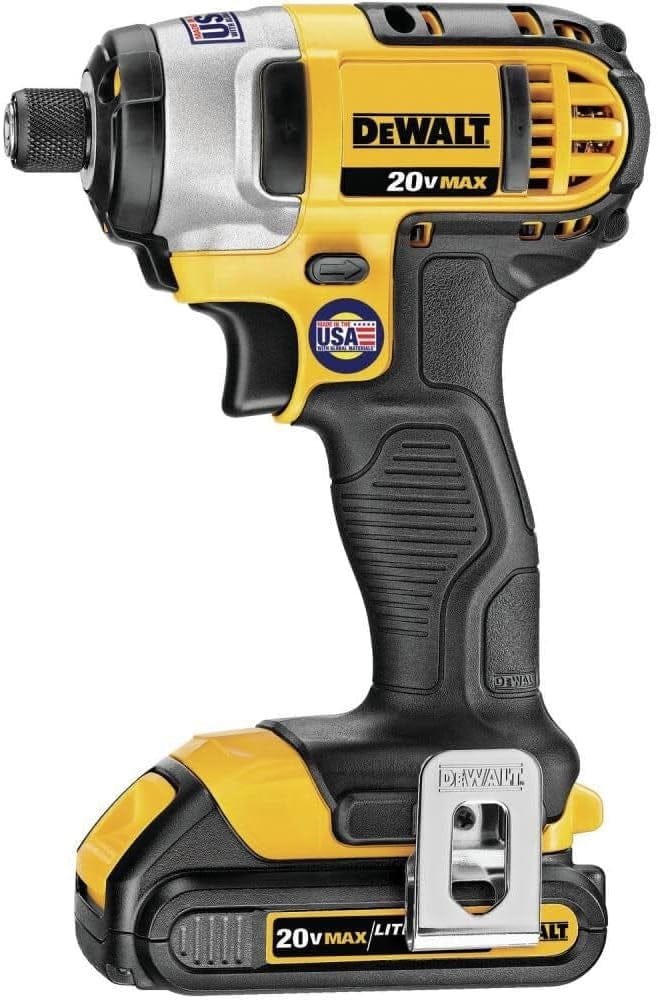 A side profile studio shot of the DEWALT 20V MAX 1/4 in. impact driver (DCF885) from the combo kit, with a 2.0Ah battery attached.