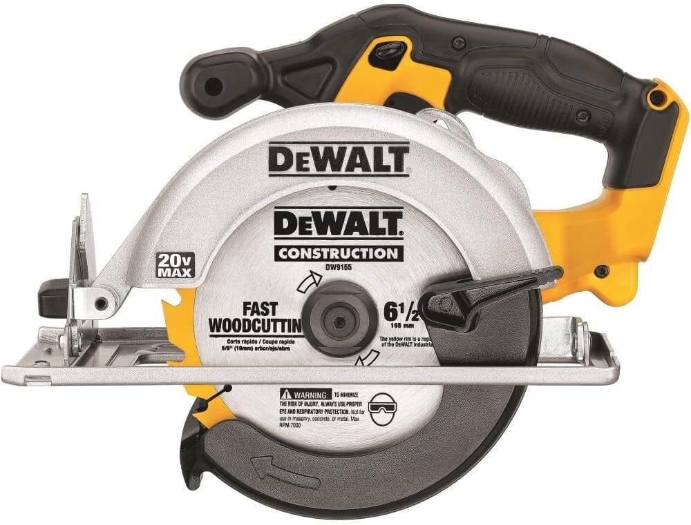 A close-up studio shot of the DEWALT 20V MAX 6-1/2 inch circular saw (DCS393) from the combo kit.