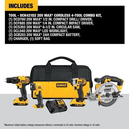 An infographic showing the complete DEWALT DCK421D2 4-tool combo kit, with text at the top listing all included items: the drill, impact driver, circular saw, work light, two batteries, charger, and soft bag.