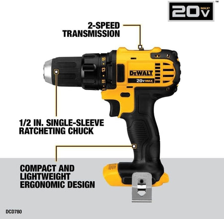 An infographic of the DEWALT drill-driver (DCD780) with text callouts highlighting its features: 2-speed transmission, 1/2 in. ratcheting chuck, and compact, lightweight design.