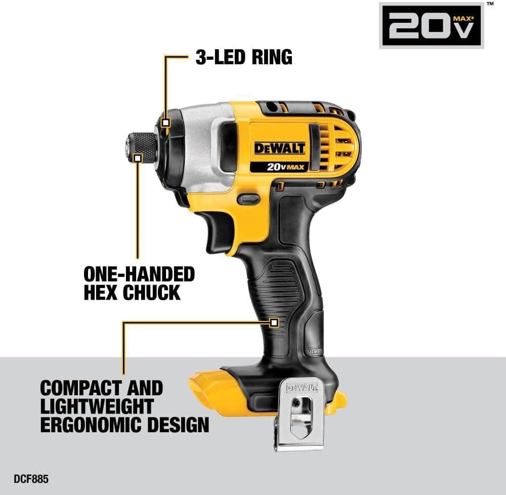An infographic of the DEWALT impact driver (DCF885) with text callouts highlighting its features: 3-LED ring, one-handed hex chuck, and compact, lightweight design.