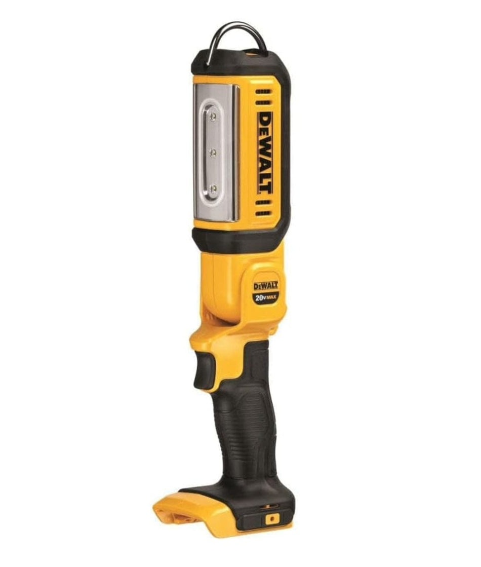 DEWALT 20V MAX LED handheld work light with ergonomic grip, hanging hook, and rectangular LED panel, designed for portable lighting in work environments.