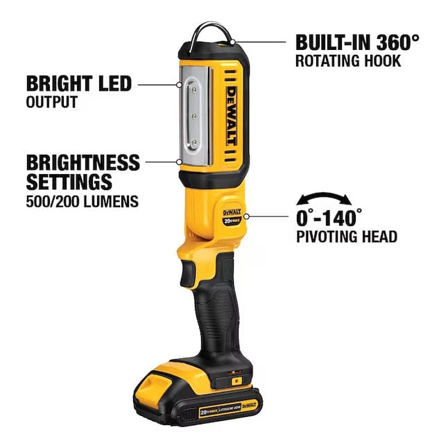DEWALT LED work light with labeled features including 500 and 200 lumen brightness settings, 360° rotating hook, and 140° pivoting head for directional lighting.