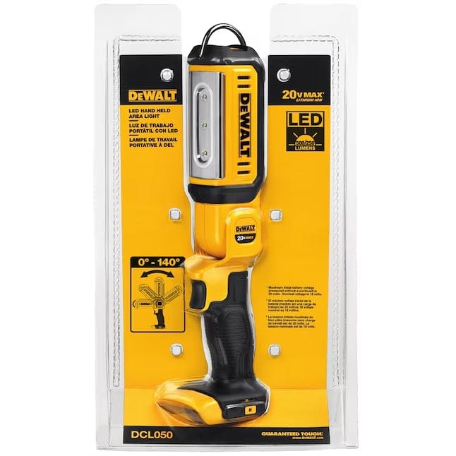 Packaged DEWALT DCL050 LED handheld work light with visible product features including pivoting head, ergonomic grip, and 20V MAX branding.