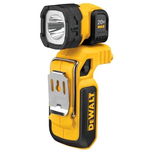 Handheld DEWALT 20V MAX LED flashlight with adjustable head and metal clip, designed for directional lighting in workshop or field conditions