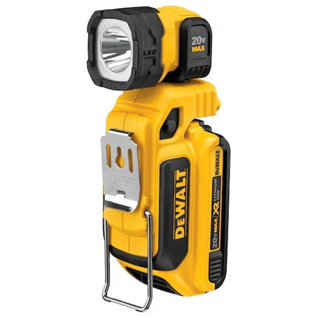 DEWALT 20V MAX LED work light with pivoting head and hanging hook, shown in rugged yellow and black casing for use in construction environments.