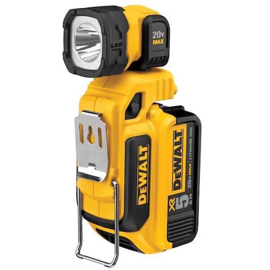 DEWALT 20V MAX LED work light with pivoting head and metal hook, mounted on XR 5.0Ah lithium-ion battery, suitable for portable jobsite lighting.