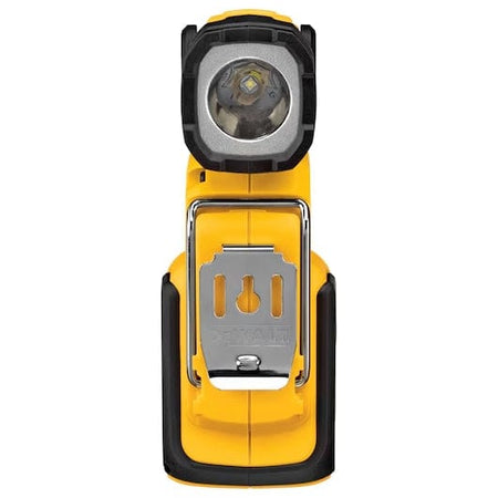 Front view of DEWALT LED work light with cylindrical bulb and metal clip engraved with logo, designed for mounting or carrying in workshop settings.