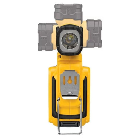 Rugged DEWALT LED work light with central lens, rubber bumpers, metal clip, and foldable stand, designed for hands-free use in jobsite environments.