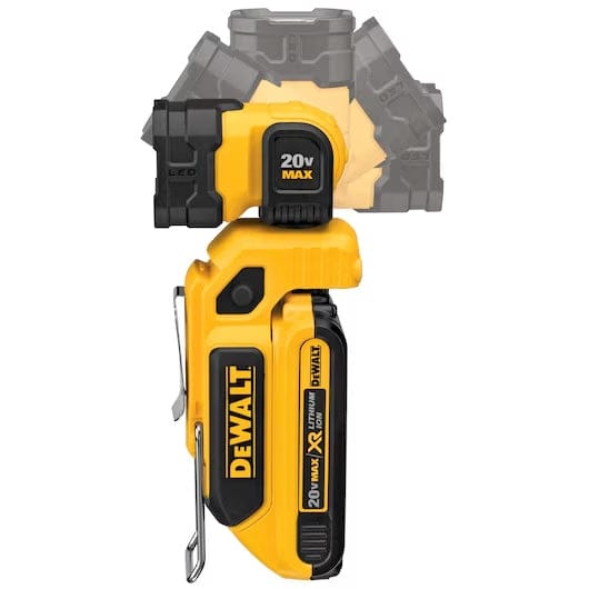  DEWALT 20V MAX LED work light mounted on a lithium-ion battery pack with rotating head shown in various angles, highlighting portability and adjustability.
