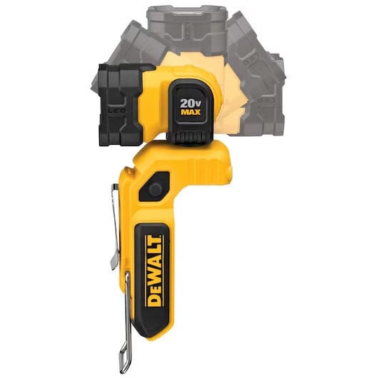 DEWALT 20V MAX LED work light shown with pivoting head in multiple positions, featuring yellow and black body, metal hook, and compact design.