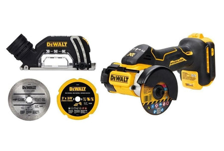 DEWALT XR brushless cut-off tool kit including dust shroud and three cutting discs for metal, tile, and multi-material applications.