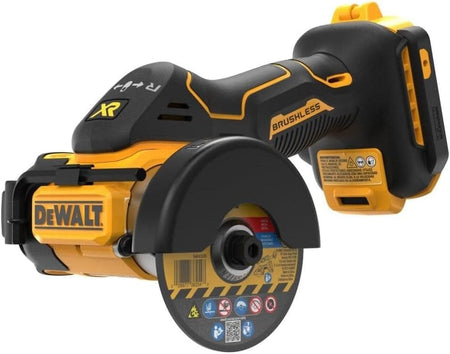DEWALT XR cordless cut-off tool with side handle and grinding disc, designed for cutting, grinding, and polishing in construction or DIY projects.