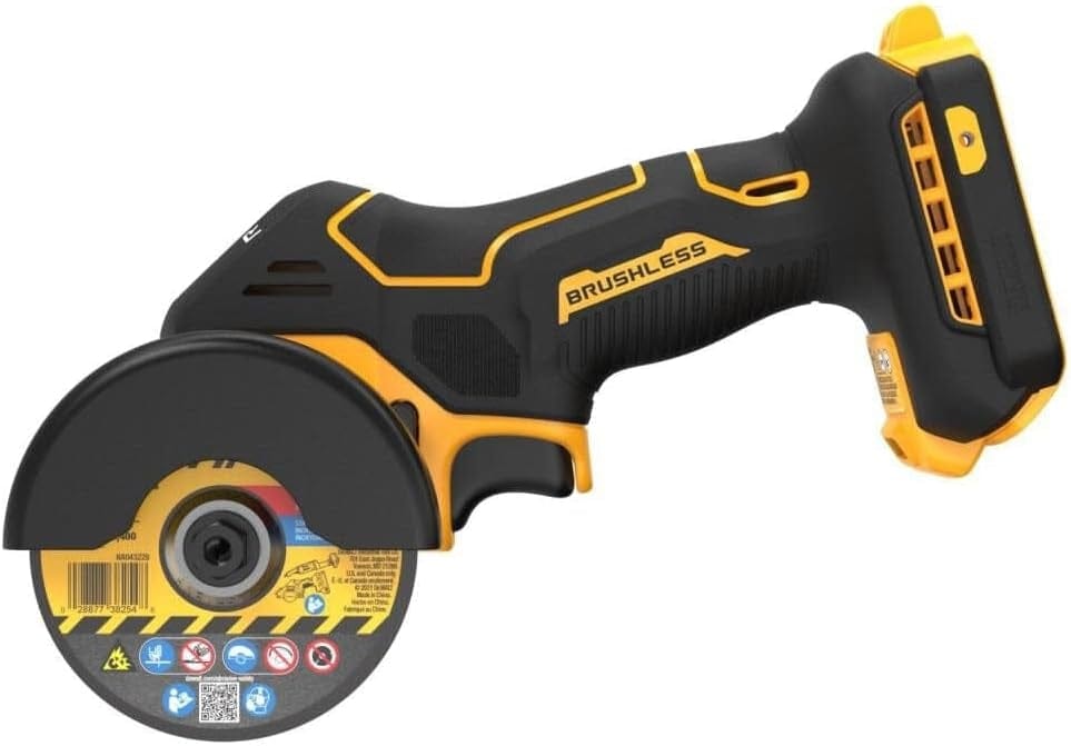 DEWALT brushless cut-off tool with attached battery and grinding disc, featuring safety icons and textured grip for controlled operation.