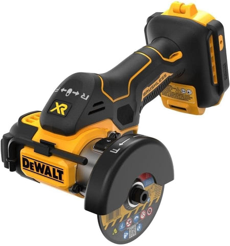 Side view of DEWALT XR brushless cut-off tool with safety guard and visible battery compartment, suitable for metal and tile cutting tasks.