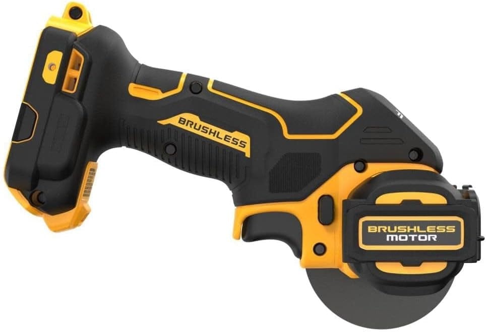 DEWALT cordless brushless cut-off tool with compact body and labeled motor, designed for cutting and grinding various materials.