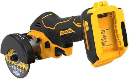 Close-up of DEWALT brushless cut-off tool with protective guard and directional rotation indicators, showing ergonomic design and battery compartment.