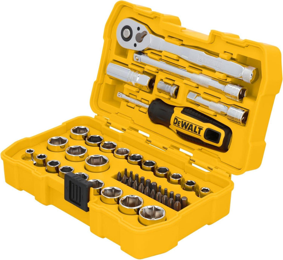 DEWALT tool kit in yellow molded case with designated slots. Contains ratchet wrench, sockets, screwdriver handle, bits, extension bars, and adapters for mechanical tasks.