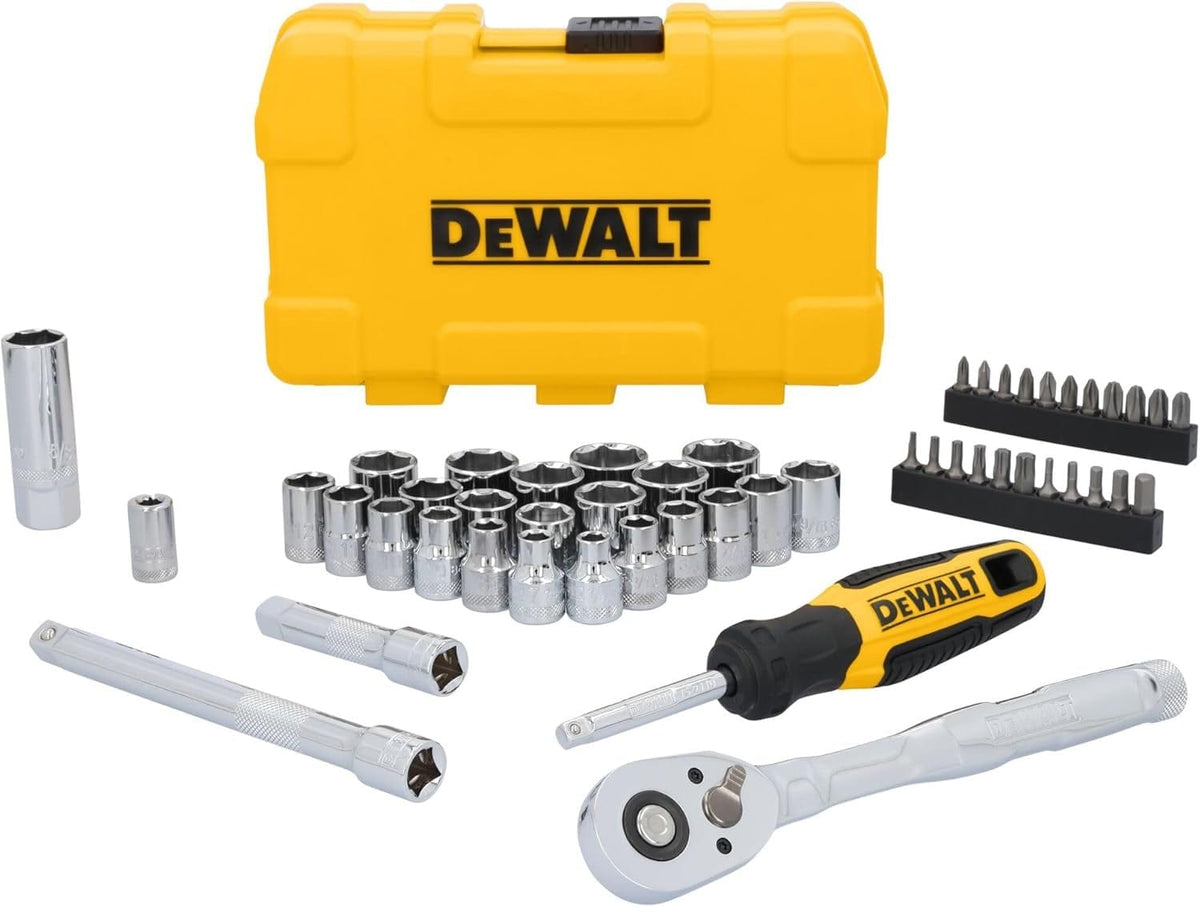DEWALT socket and ratchet set displayed in front of yellow carrying case. Includes ratchet wrench, screwdriver handle, chrome sockets, extension bars, and bit holders.