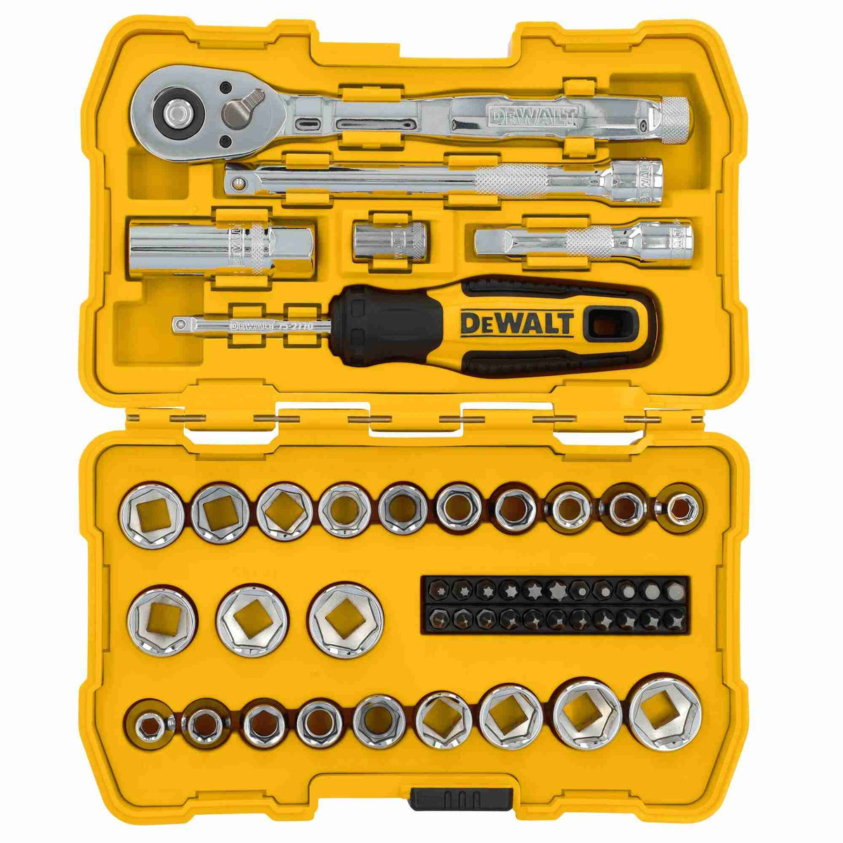 DEWALT 50-piece mechanics tool set organized in a yellow case. Includes ratchet wrench, screwdriver handle, sockets, extension bars, adapters, and precision bits.