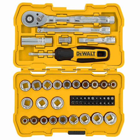 DEWALT 50-piece mechanics tool set organized in a yellow case. Includes ratchet wrench, screwdriver handle, sockets, extension bars, adapters, and precision bits.