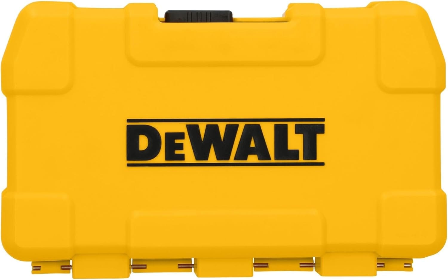 DEWALT yellow plastic carrying case with black latch and bold DEWALT logo. Rugged design with reinforced corners for storing and transporting tools.