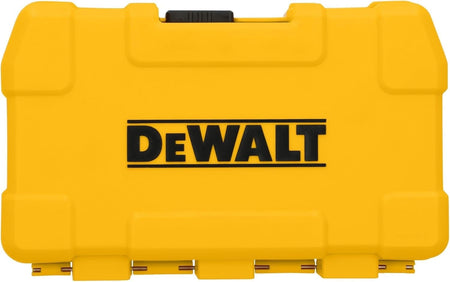 DEWALT yellow plastic carrying case with black latch and bold DEWALT logo. Rugged design with reinforced corners for storing and transporting tools.