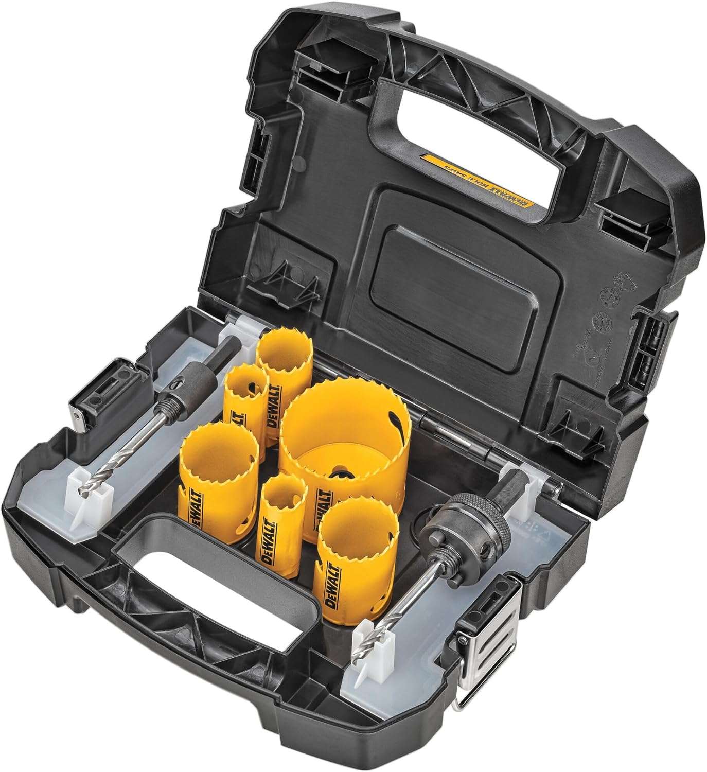 DEWALT hole saw kit in molded black case with yellow saws and two arbors, designed for cutting large holes in wood or metal with secure storage layout.