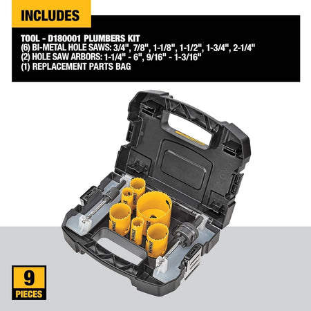 DEWALT D180001 plumber’s kit with six bi-metal hole saws, two arbors, and a replacement parts bag, organized in a black carrying case labeled with 9-piece contents.