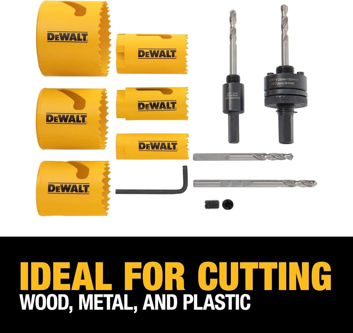 DEWALT hole saw set with six yellow saws, two mandrels, two pilot bits, and an Allen wrench, labeled as ideal for cutting wood, metal, and plastic.