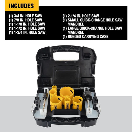 DEWALT hole saw kit displayed inside a rugged black carrying case, includes six hole saws, two quick-change mandrels, and labeled compartments for organized storage.