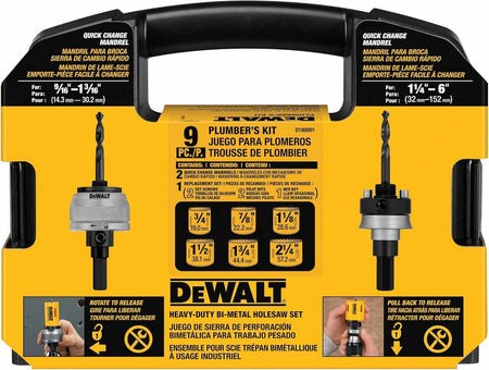 DEWALT 9-piece bi-metal hole saw plumber’s kit in yellow and black packaging, includes multiple saw sizes, quick-change mandrels, pilot bit, hex key, and storage case.