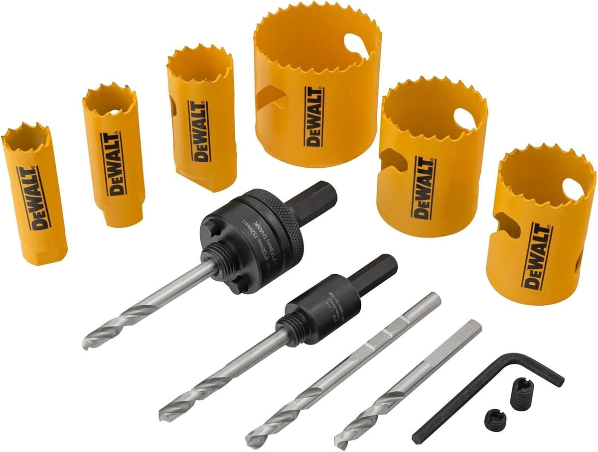 DEWALT hole saw set with seven yellow saws, two mandrels, two pilot bits, and an Allen wrench, arranged for versatile drilling in various materials.