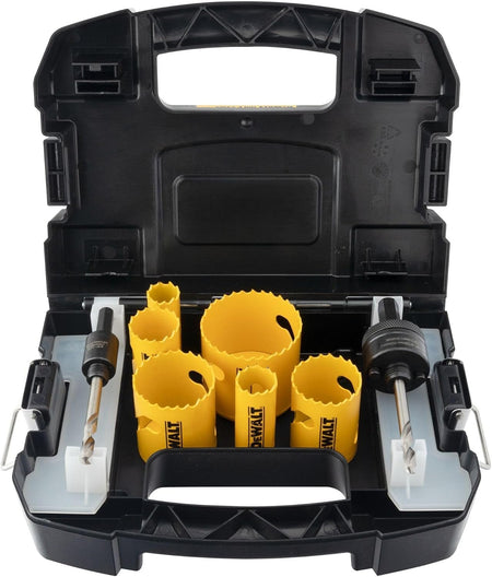 DEWALT hole saw kit inside black plastic case with multiple yellow saws and two drill arbors, organized for cutting wood, metal, or plastic.