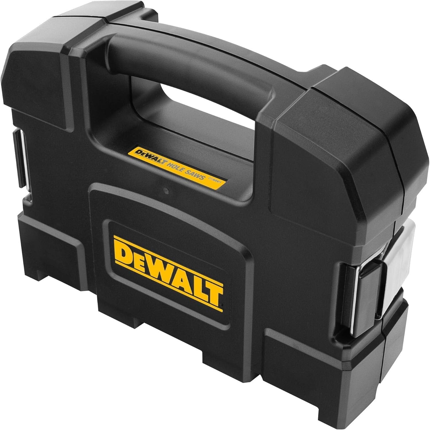 DEWALT hole saw kit inside black plastic case with multiple yellow saws and two drill arbors, organized for cutting wood, metal, or plastic.