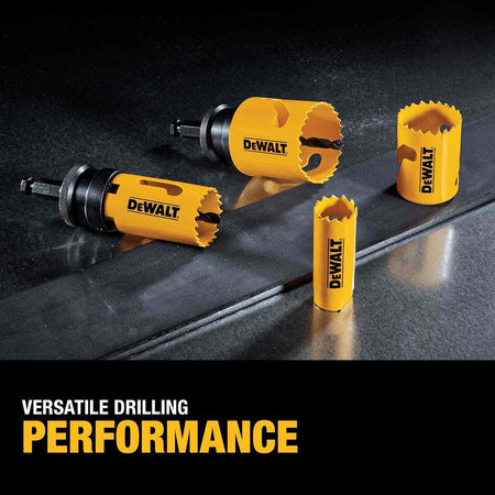 Four DEWALT hole saws on a dark surface, two attached to arbors, labeled with “Versatile Drilling Performance,” showcasing cutting edges and brand visibility