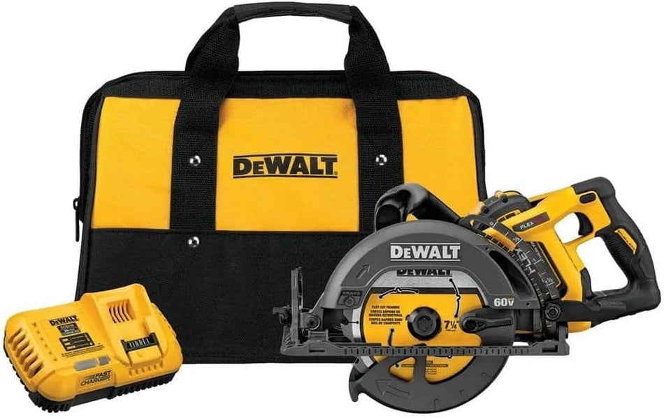DEWALT FLEXVOLT 60V cordless circular saw kit including saw, battery charger, and branded carrying bag with handles.