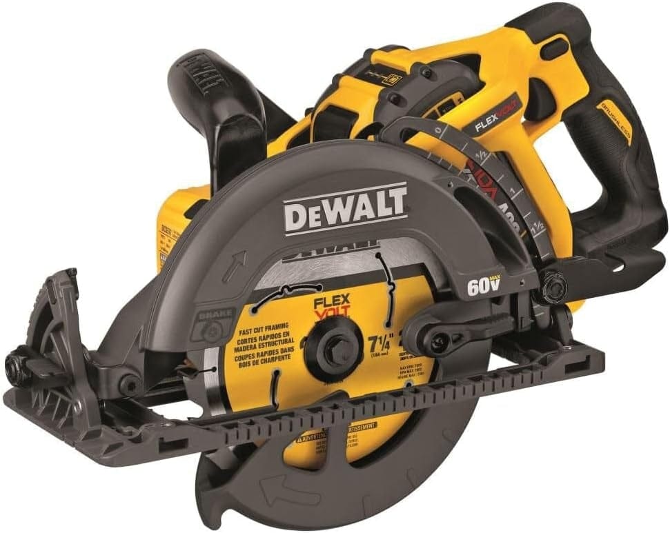 DEWALT cordless circular saw from FLEXVOLT series with visible blade guard, adjustment levers, and 60V battery system.
