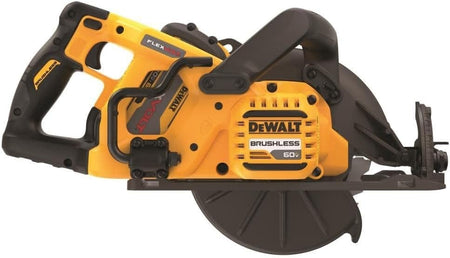 DEWALT FLEXVOLT 60V brushless circular saw with ergonomic handle and large blade, positioned for heavy-duty cutting tasks.