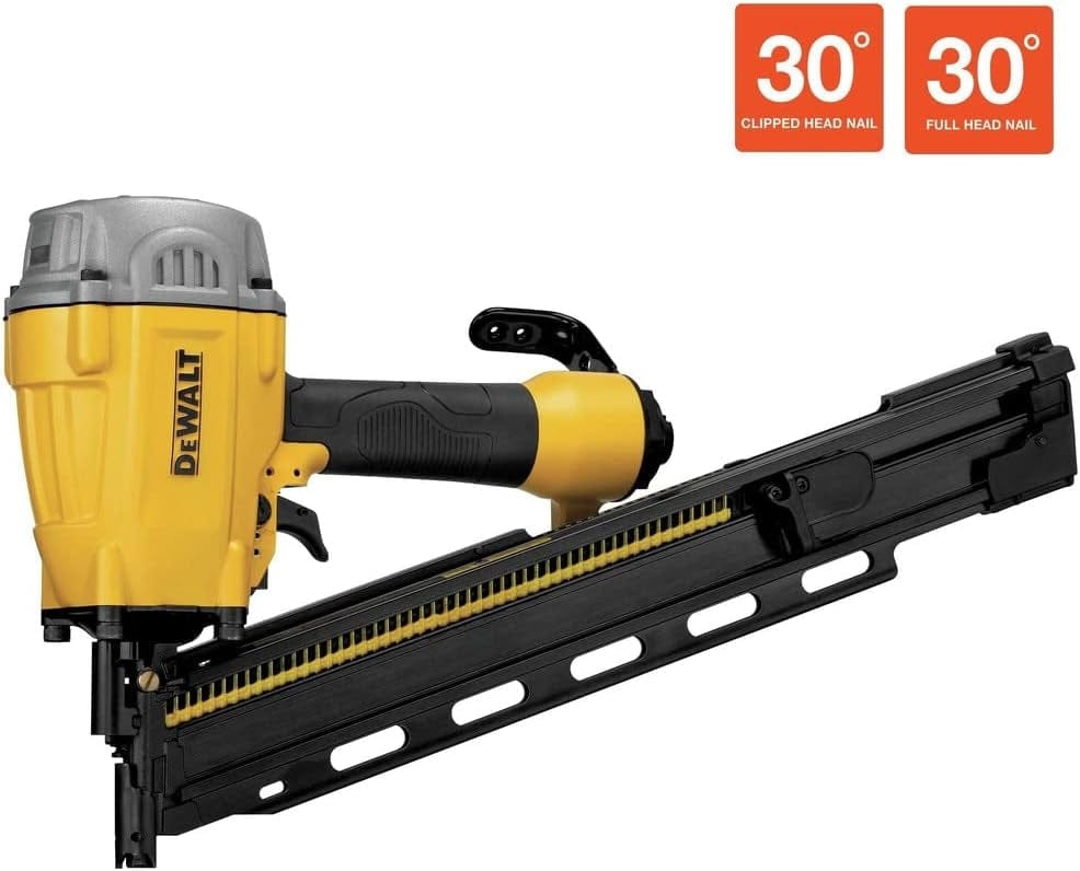 DEWALT pneumatic framing nailer with yellow and black body, labeled for use with 30° clipped and full head nails, designed for tight framing spaces.