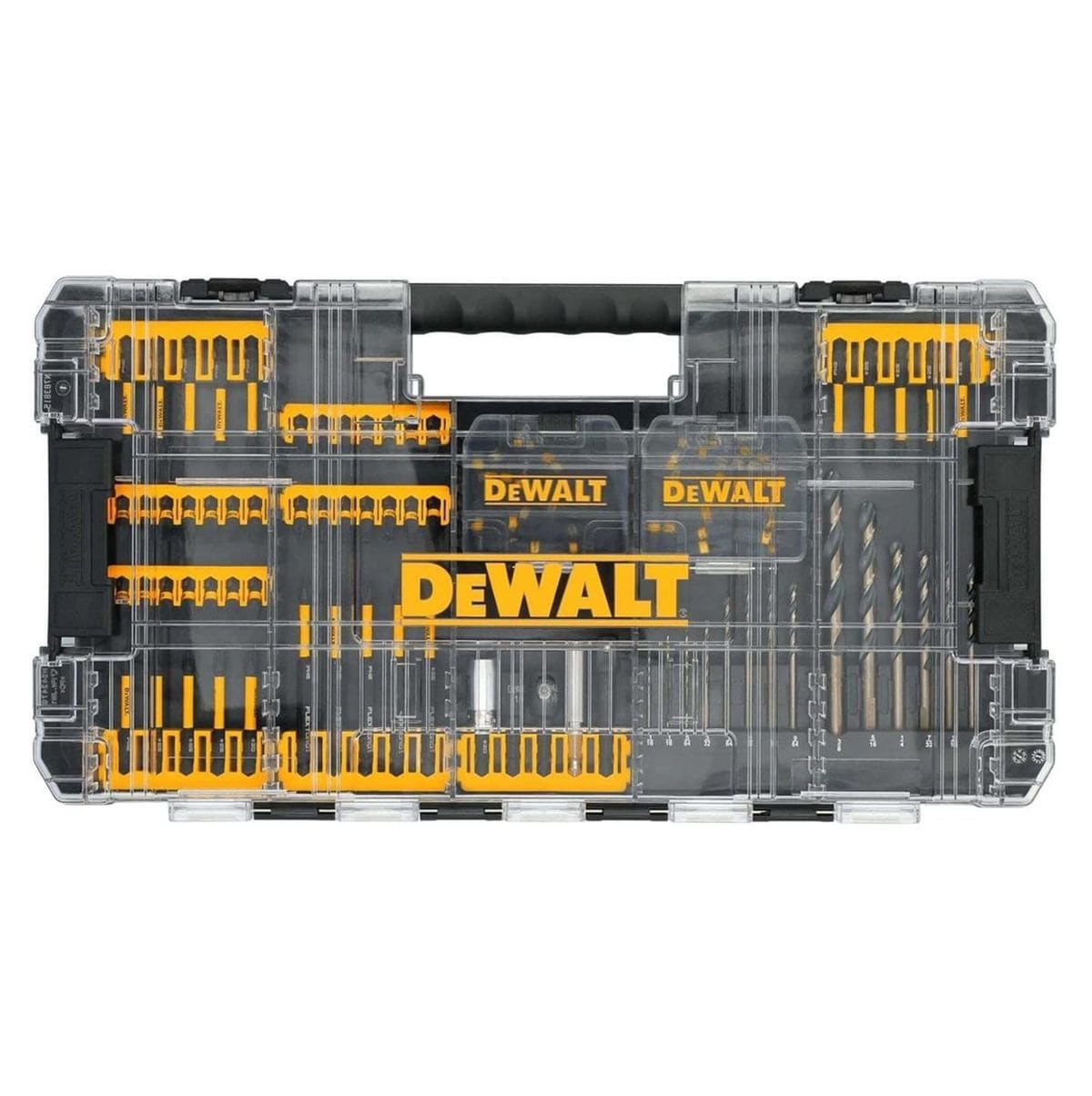 DEWALT drill and driver bit set in transparent ToughCase+ with organized rows of bits, socket adapters, and black and gold drill bits.
