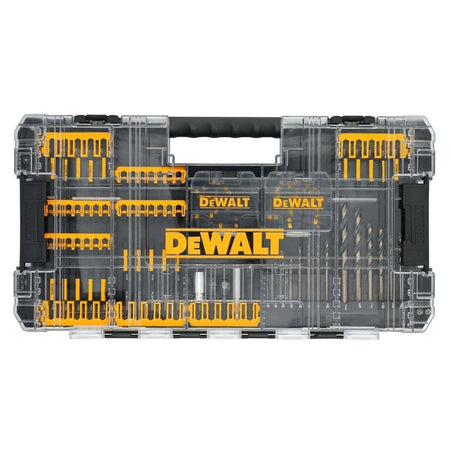 DEWALT drill and driver bit set in transparent ToughCase+ with organized rows of bits, socket adapters, and black and gold drill bits.