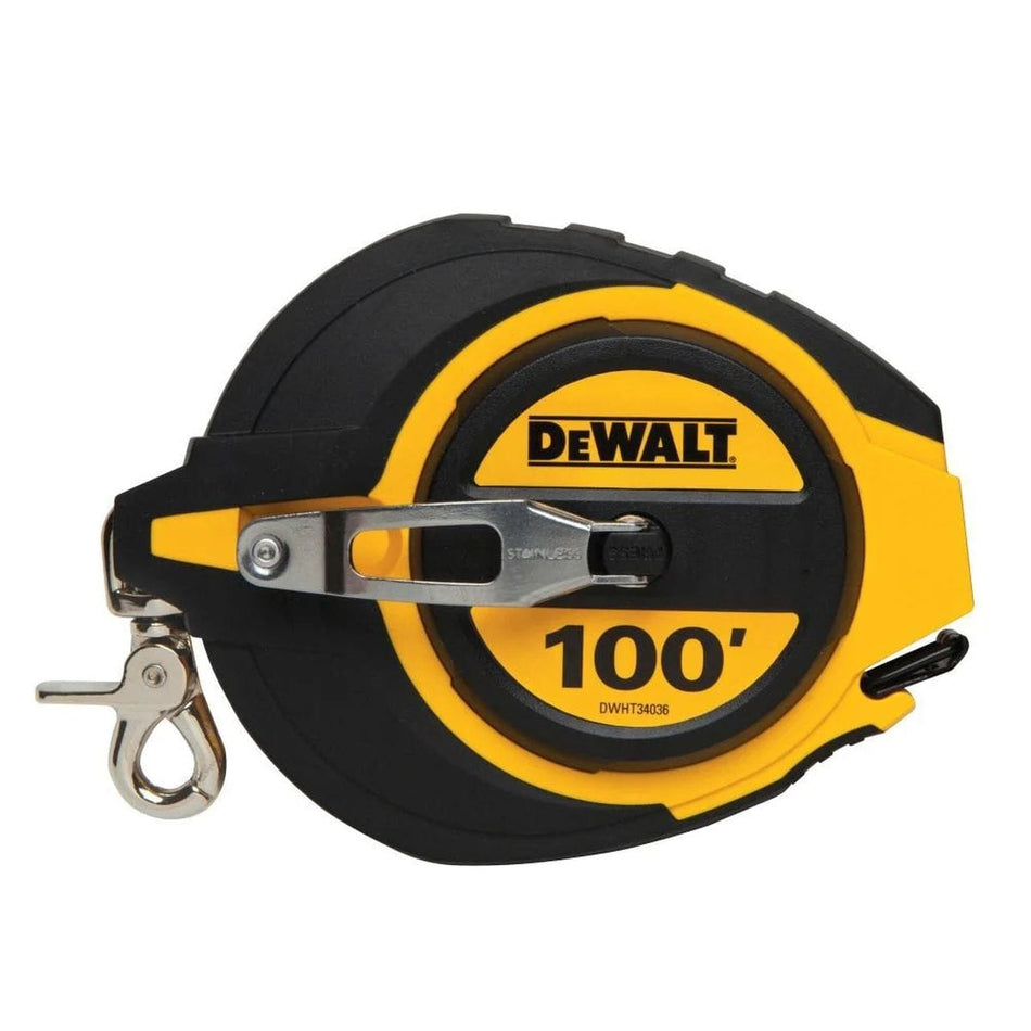 DEWALT 100 Foot Closed Case Long Tape Measure DWHT34036 Durable Steel Blade with 5 to 1 Gear Ratio Fast Rewind Surveyor Measuring Tool and Carabiner