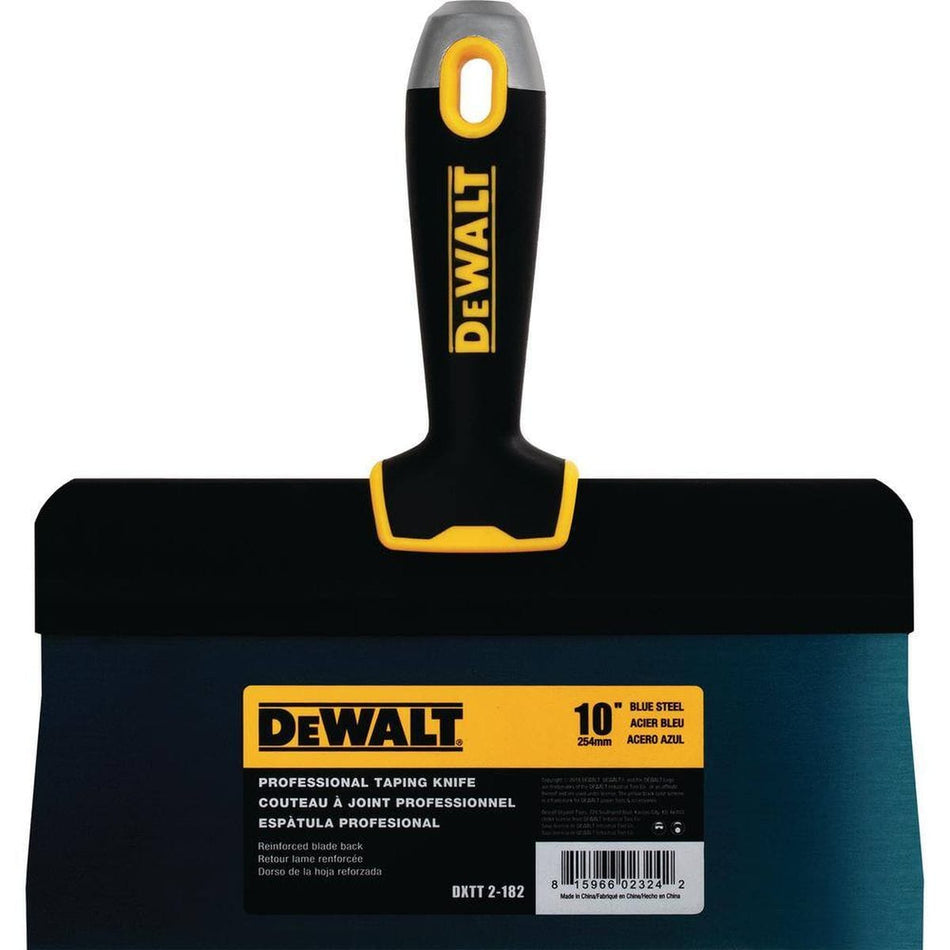 Front view of the DEWALT 10-inch blue steel taping knife featuring a reinforced blade back and an ergonomic soft-grip handle with high-visibility branding for professional drywall finishing.