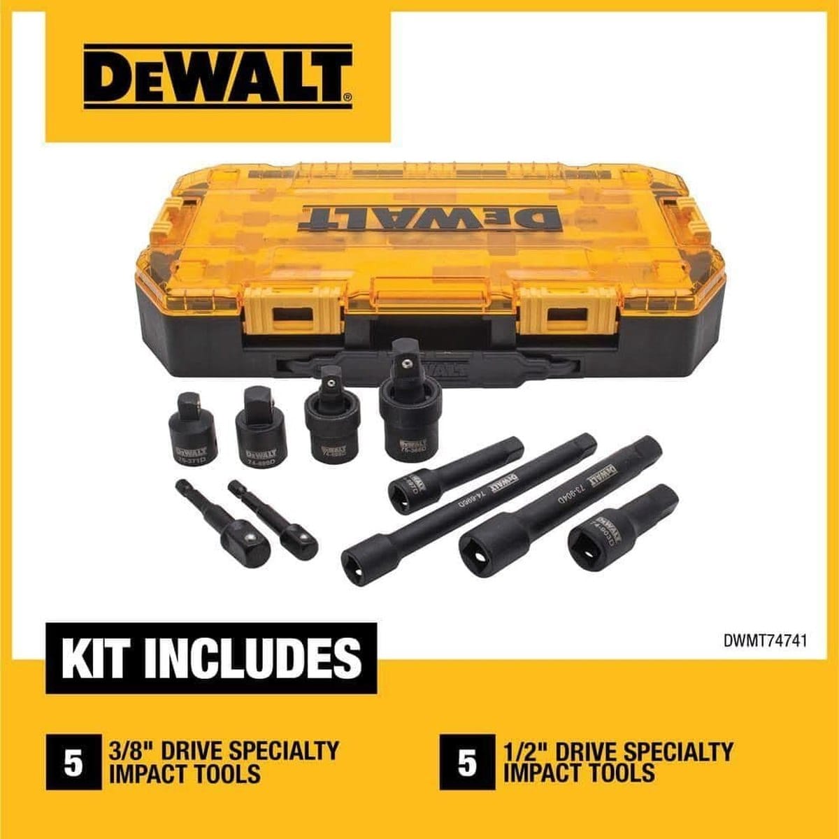Marketing graphic for the DEWALT impact accessory kit stating it includes five 3/8-inch drive specialty tools and five 1/2-inch drive specialty tools.