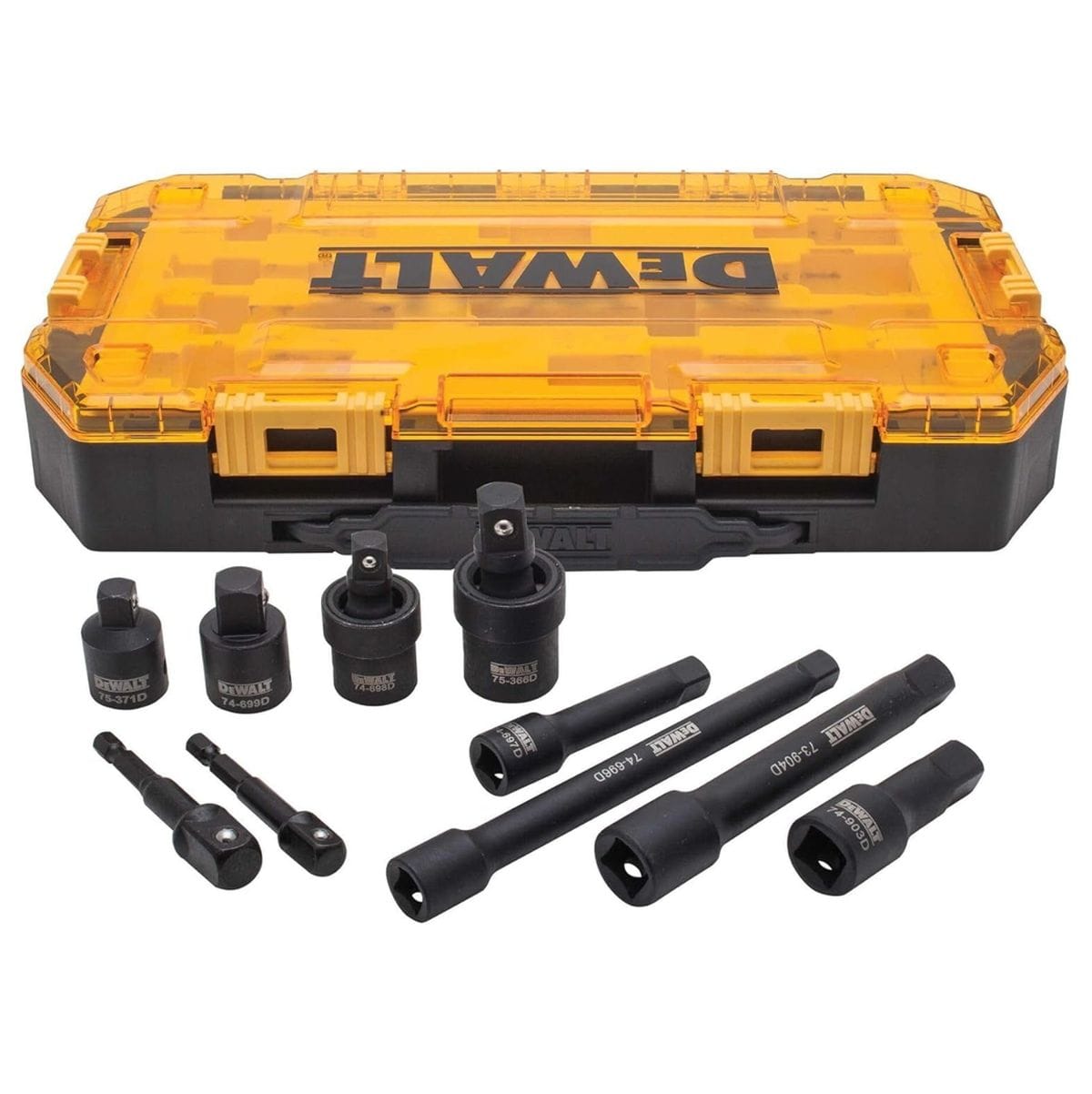 The DEWALT DWMT74741 10-piece impact driver accessory set displayed in front of its locking storage case, showing extensions, adapters, and universal joints.