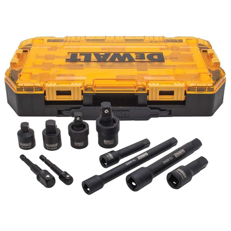 The DEWALT DWMT74741 10-piece impact driver accessory set displayed in front of its locking storage case, showing extensions, adapters, and universal joints.