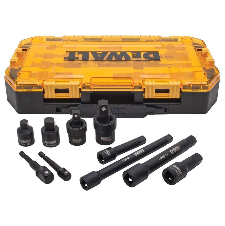 The DEWALT DWMT74741 10-piece impact driver accessory set displayed in front of its locking storage case, showing extensions, adapters, and universal joints.