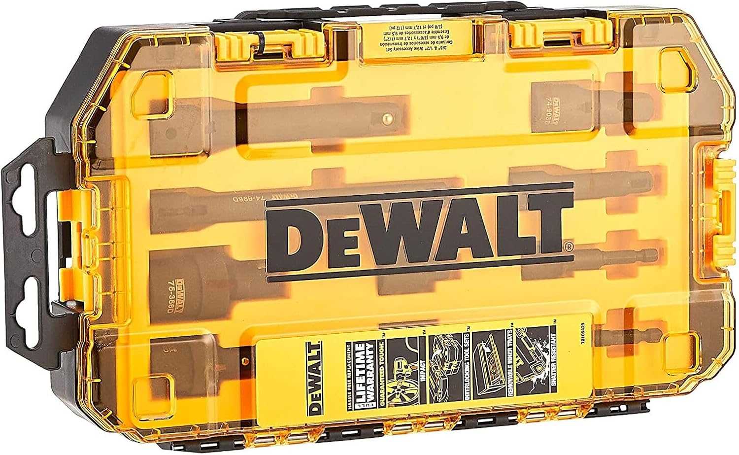 Top view of the closed DEWALT Toughbox case for the 10-piece impact accessory set featuring icons for impact readiness and interlocking tool sets.