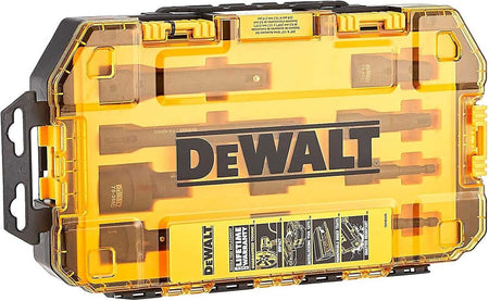 Top view of the closed DEWALT Toughbox case for the 10-piece impact accessory set featuring icons for impact readiness and interlocking tool sets.